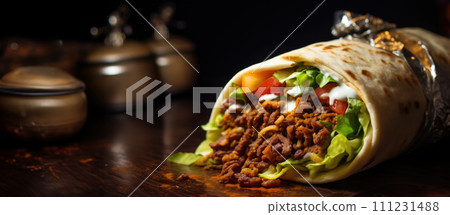 shawarma dish succulent meat, veggies, seasoned 111231488