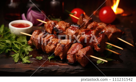 Sizzling shish kebabs juicy meat cubes, grilled to perfection, a delectable barbecue treat Sizzling shish kebabs juicy meat cubes, grilled to perfection, a delectable barbecue treat 111231542