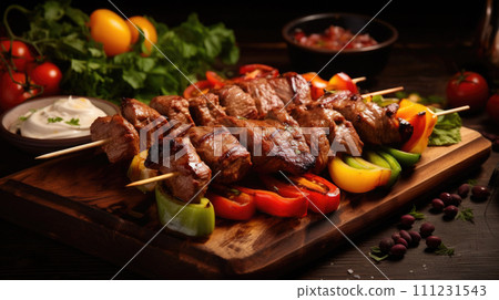 Grilled meat skewers tender shish kebabs, marinated and charred, a flavorful barbecue favorite Grilled meat skewers tender shish kebabs, marinated and charred, a flavorful barbecue favorite 111231543