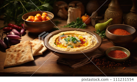 Smooth hummus spread, a creamy and flavorful Middle Eastern dip 111231554
