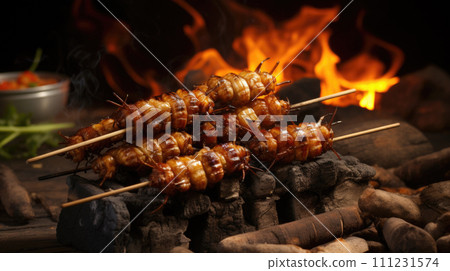 Fried silkworms, a unique and adventurous culinary choice 111231574