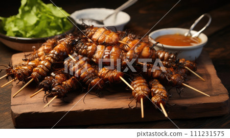 Crispy fried silkworms, an unusual delicacy, a protein-rich snack in some cuisines 111231575