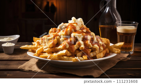 Classic Canadian poutine fries, cheese curds, smothered in savory gravy, a comfort food favorite. 111231608