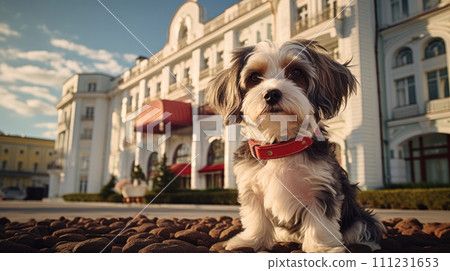 Pooch posing by the hotel, a pet-friendly stay. Pooch posing by the hotel, a pet-friendly stay. 111231653
