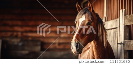Rental business showcase, horse against a private stable backdrop, an equestrian haven 111231680