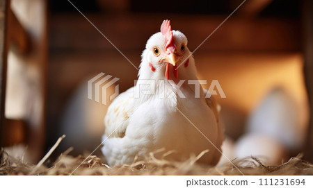 Hen amidst eggs, representing fertility, nurturing 111231694