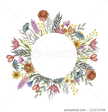 Abstract flowers round frame. Watercolor wreath background with hand drawn illustration isolated on white for valentines woman and mother's day card banner design and print Abstract flowers round frame. Watercolor wreath background with hand drawn illustration isolated on white for valentines woman and mother's day card banner design and print 111231794