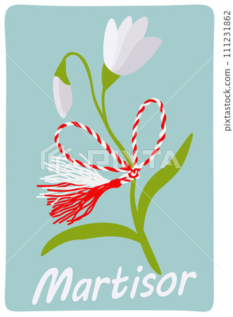 Martisor. Match 1. Martenitsa sign on blooming lily of the valley 111231862