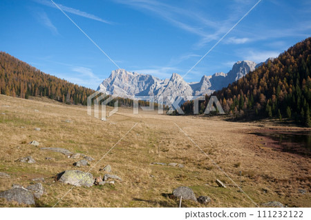 Alpine meadow with dolomites in background, Calaita  lake area 111232122