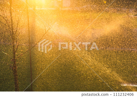 Automatic garden lawn sprinkler in action watering green grass Automatic garden lawn sprinkler in action watering green grass 111232406