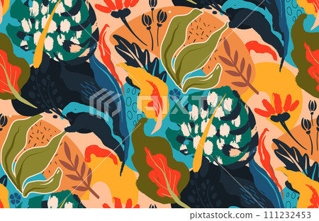 Vector seamless pattern with bright flowers and leaves. Endless floral background Vector seamless pattern with bright flowers and leaves. Endless floral background 111232453