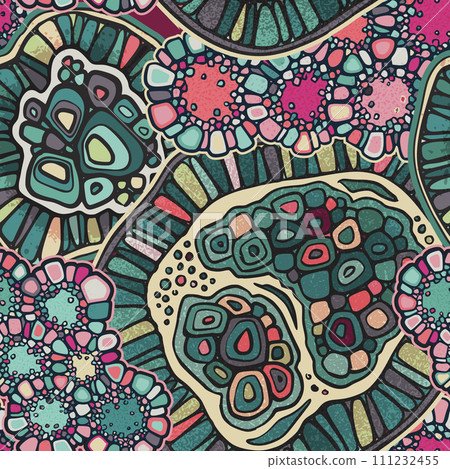 Vector seamless colorful abstract organic pattern. Abstract background in biological style. Macro image, plants, magnified under a microscope. Vector seamless colorful abstract organic pattern. Abstract background in biological style. Macro image, plants, magnified under a microscope. 111232455