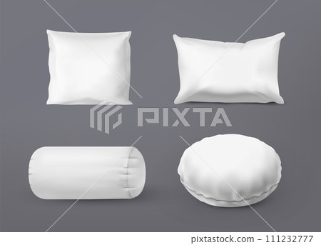 Realistic pillows. Square and round cushions collection. White blank comfortable orthopedic pillow with soft feather or synthetic filling. Bed accessory. Bedroom isolated element. Vector isolated set 111232777