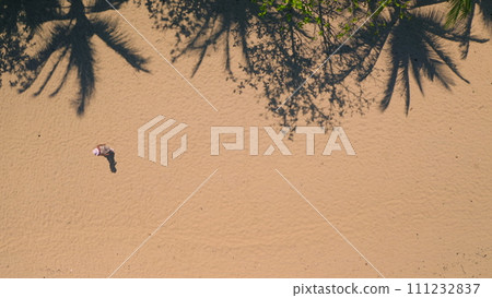 Aerial top down sand beach texture with palm trees shadows. Woman walking coastline, clear, ideal shore, relax, enjoy utdoor lifestyle travel on summer holiday vacation. Drone view shot. Background Aerial top down sand beach texture with palm trees shadows. Woman walking coastline, clear, ideal shore, relax, enjoy utdoor lifestyle travel on summer holiday vacation. Drone view shot. Background 111232837