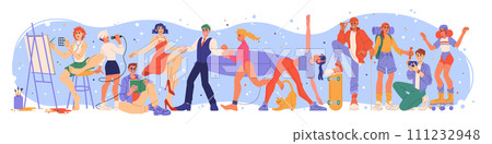 Hobby and sport. Creative woman and man. Active leisure. People group. Artist painting picture. Photographers craft. Happy musician. Art passion. Fitness training. Persons entertainment vector set 111232948