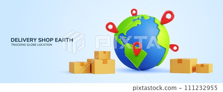 Delivery shop Earth. Tracking globe location, internet world, map global bubble 3D, pinpoint, products market, parcel, packing logistic. World map with pins. Web banner template. Vector navigation 111232955
