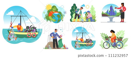Green life. Ecology save. Garbage recycle. Eco energy. Earth bio or ecosystem protection. Nature world power. Environment conservation. People planting trees and collecting trash. Vector concepts set Green life. Ecology save. Garbage recycle. Eco energy. Earth bio or ecosystem protection. Nature world power. Environment conservation. People planting trees and collecting trash. Vector concepts set 111232957