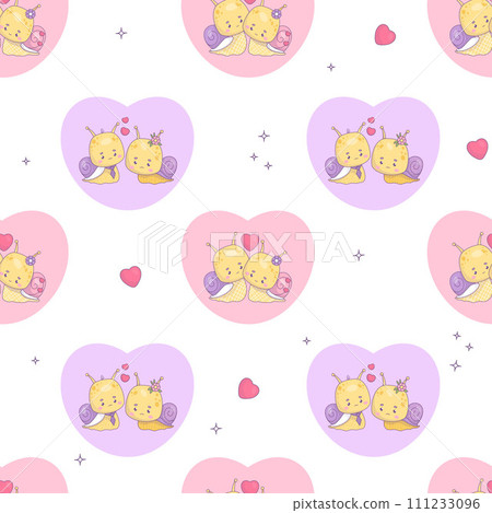 Seamless pattern with loving couple snails on white background with hearts. Funny kawaii insect girl and boy character. Vector illustration. romantic valentine backdrop 111233096
