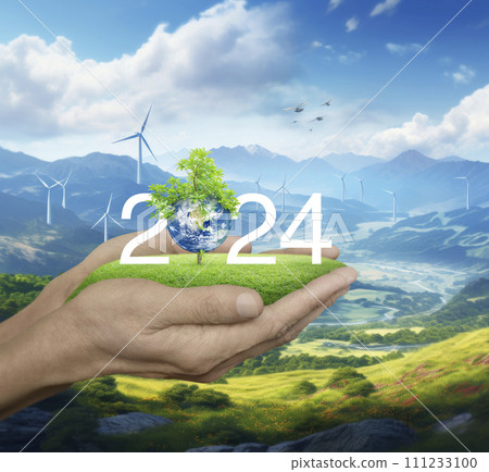Happy new year 2024 ecological cover, Save the earth concept, Elements of this image furnished by NASA, Generative AI 111233100