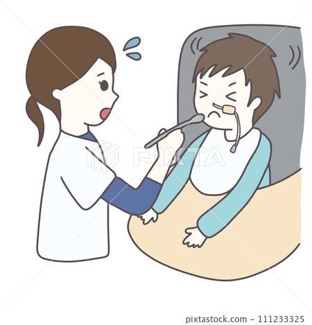 A crippled child with an NG tube who is reluctant to take oral intake and a nurse (color) 111233325