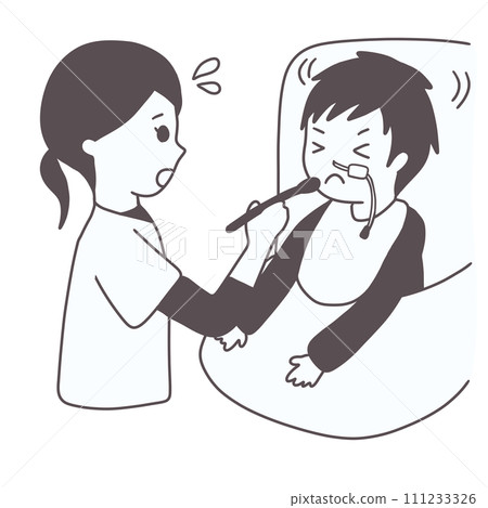 A crippled child with an NG tube who is reluctant to take oral intake and a nurse (black and white) 111233326
