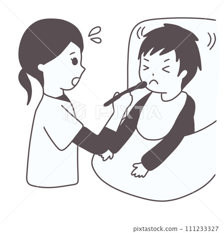 A crippled child who dislikes oral intake and a nurse (black and white) 111233327