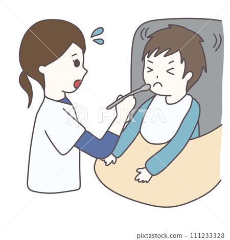 A physically disabled child who dislikes oral intake and a nurse (color) 111233328