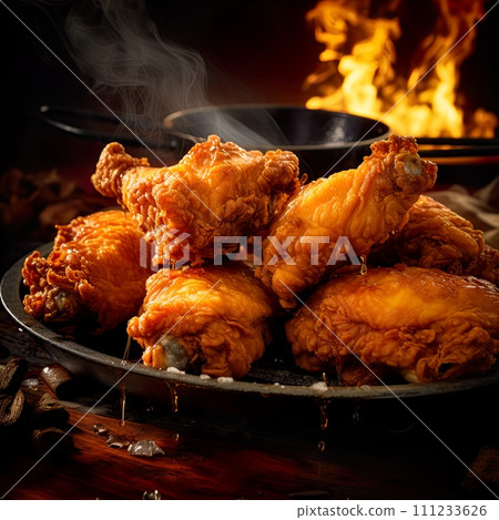 Fried chicken on a wooden table with smoke in the background. Generate Ai 111233626
