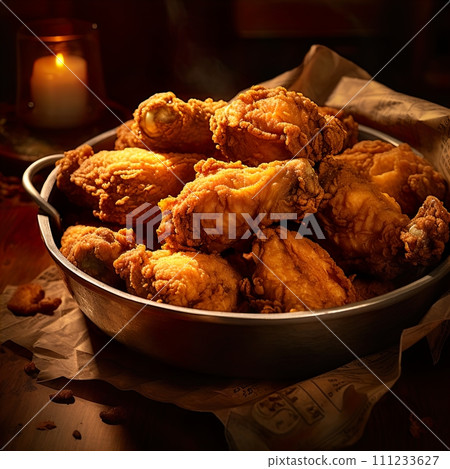 Fried chicken on a wooden table with smoke in the background. Generate Ai 111233627