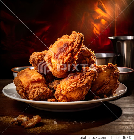 Fried chicken on a wooden table with smoke in the background. Generate Ai 111233628