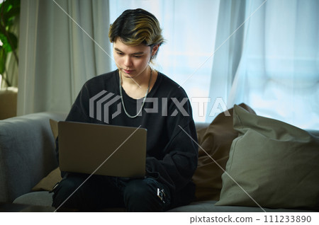 Young man operating a computer at home 111233890