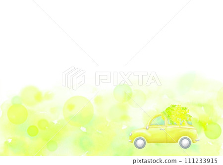 Watercolor frame of a car driving and carrying mimosas. A spring-like illustration full of light. 111233915