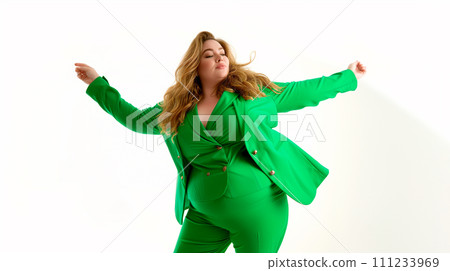AI-generated content. Plus size fashion model in green suit stylish fashion posing on white background. Generative AI AI-generated content. Plus size fashion model in green suit stylish fashion posing on white background. Generative AI 111233969