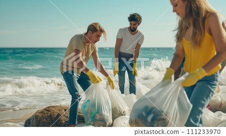 AI-generated content. A group of multiethnic volunteers with the trash bags cleaning up the sea or ocean. The eco activists in the gloves collecting garbage from the water. Nature, ecology survival 111233970