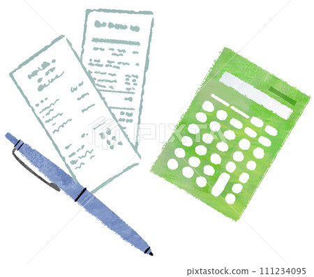Account book, keeping household account book, calculator, receipt, pen, final tax return 111234095