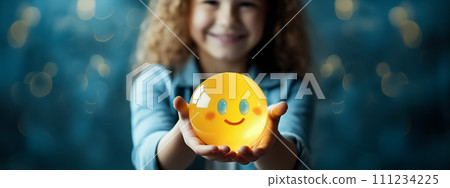 A young girl hand holding a radiant ball of positivity, her face beaming with happiness. Mental health and wellbeing positive environment Concept. Generative AI. A young girl hand holding a radiant ball of positivity, her face beaming with happiness. Mental health and wellbeing positive environment Concept. Generative AI. 111234225