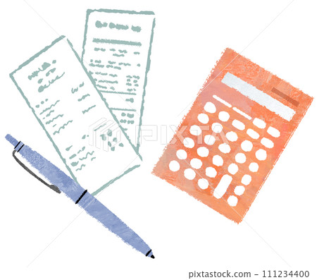 Account book, keeping household account book, calculator, receipt, pen, final tax return 111234400