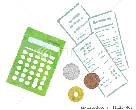 Illustration of calculator, receipt and coins, final tax return, bookkeeping, household account book 111234402