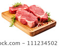 Fresh raw meat steaks on cutting board isolated on white background 111234502