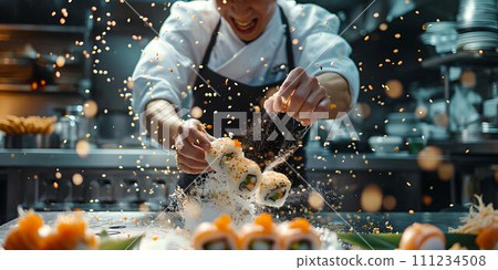 Chef in action: creating culinary wonders, professional kitchen dynamics, focus on exquisite cooking techniques. burst of flavors captured. AI 111234508