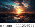 Lonely man standing in fantasy landscape with shining cloudy sky 111234511