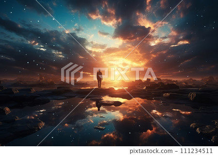 Lonely man standing in fantasy landscape with shining cloudy sky Lonely man standing in fantasy landscape with shining cloudy sky 111234511