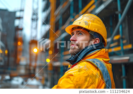 Experienced engineer looking up at construction site 111234624