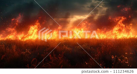 Dramatic wildfire engulfs landscape in a fiery blaze, nature's fury on display. intense flames in a twilight setting. AI 111234626