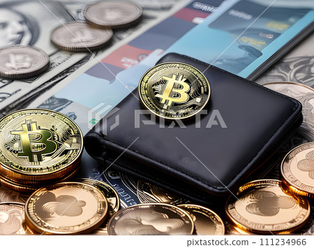 Hightech finance crypto stored in wallet. 111234966