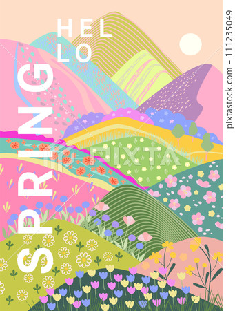 Hello spring, vertical banner, meadow with flowers Hello spring, vertical banner, meadow with flowers 111235049