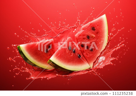 Watermelon slices in splashes of water and watermelon juice on a red background 111235238