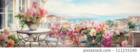 Watercolor illustration of colorful different potted flowers on a balcony or terrace, bright balcony with flowers, banner 111235240