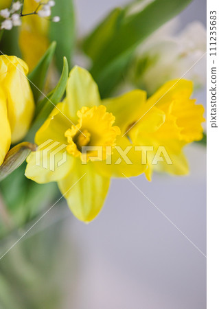 Little bouquet of beautiful yellow flowers. Daffodils in vase Little bouquet of beautiful yellow flowers. Daffodils in vase 111235683