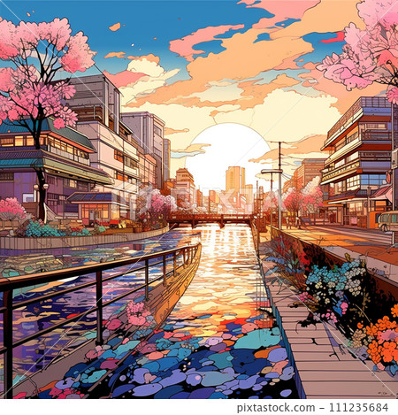 Colorful street corner with cherry blossoms blooming Colorful street corner with cherry blossoms blooming 111235684